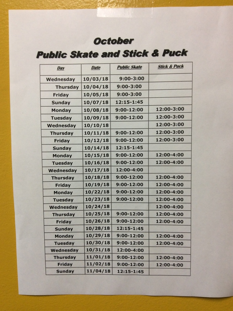 Public Skate Schedule for October