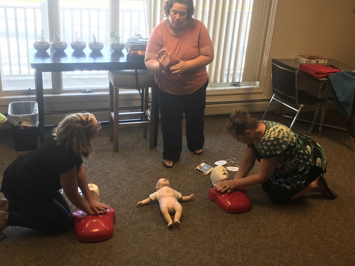 Teachers working on their CPR/First Aid renewal.  